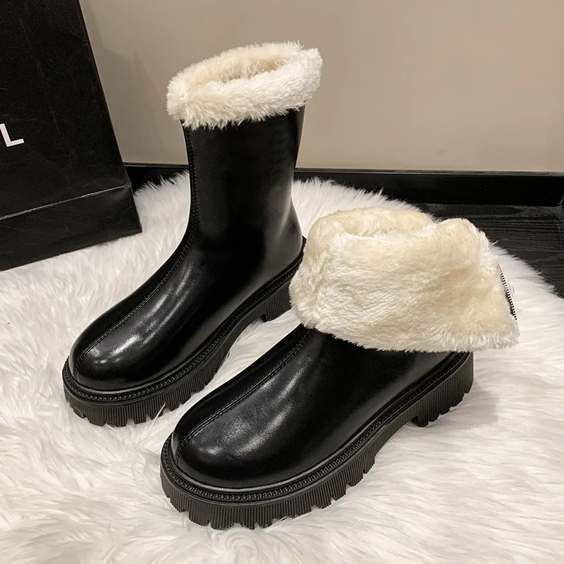 Winter Short Plush Short Boots Women Shoes Comfort Slip on Low Heel Botas Ladies Elegant Keep Warm Mid Calf Bootties