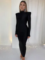 Hugcitar Solid Long Sleeve With Shoulder Pads Turtleneck Maxi Dress 2024 New Year Women Fashion Streetwear Elegant Skinny 1