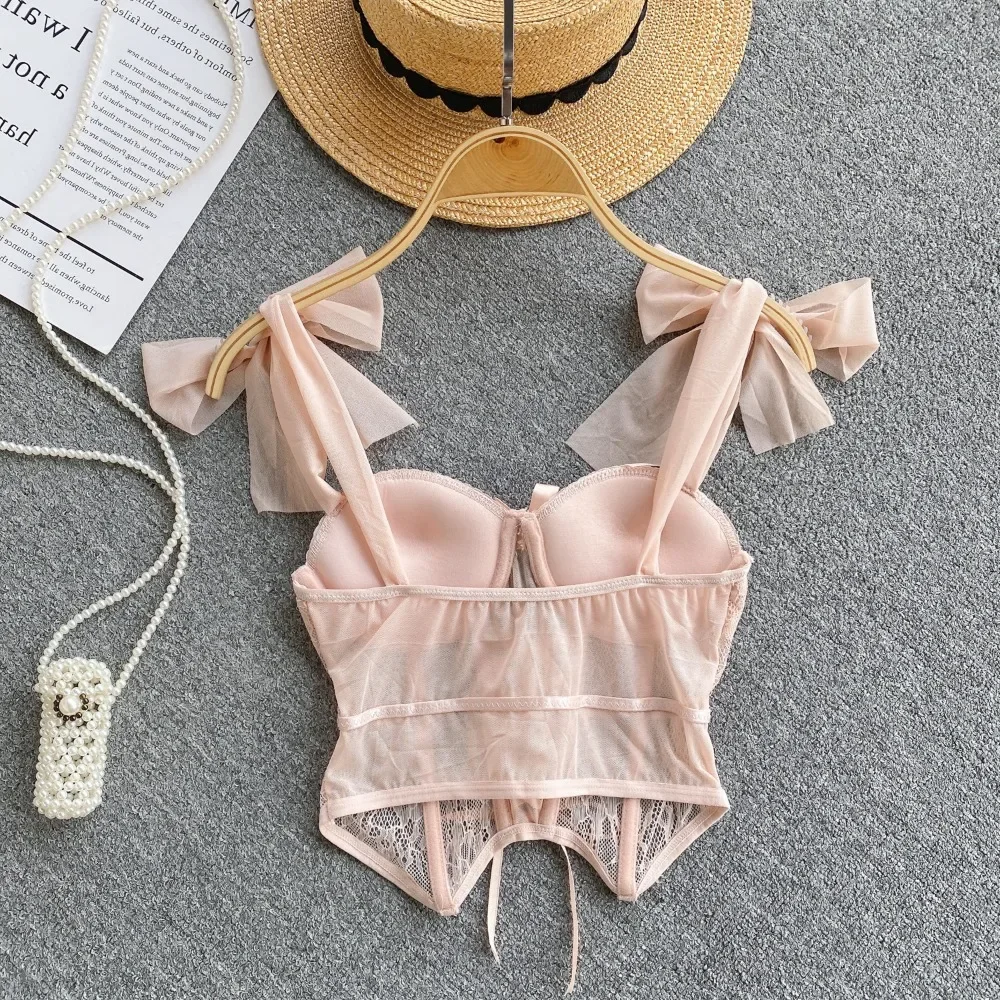 Spaghetti Strap Tank Top for Women Strapless Build in Bra Lace Patchwrok Tulle Bow Camis Summer Casual Female Camisoles women camisole tops