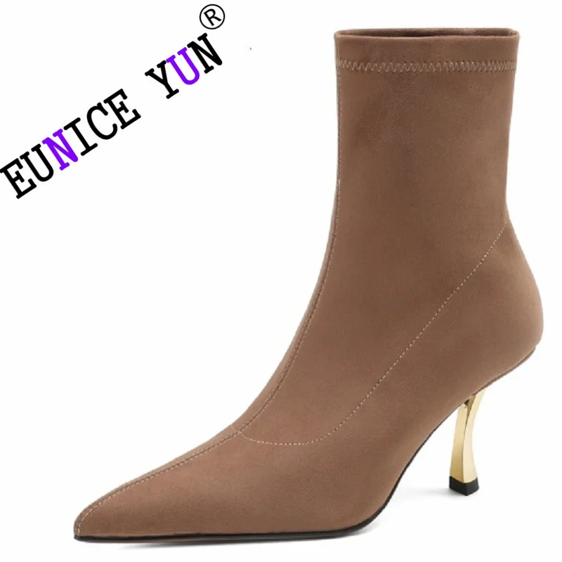 

【EUNICE YUN】Brand Women Flock Ankle Boots Gold Thin Heel Boots Sexy Pointed Toe Female Shoes Autumn Winter Shoes 34-40
