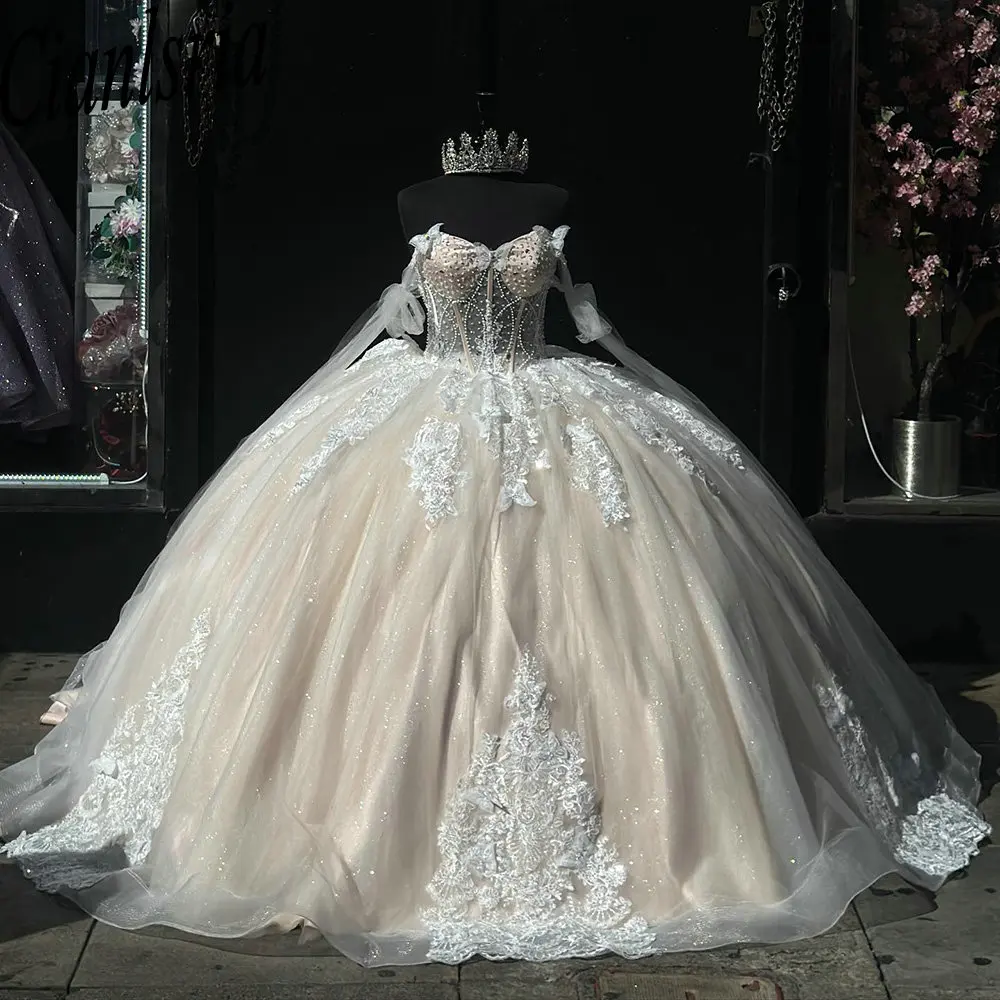 

Lorencia Princess Champagne Ball Gown Quinceanera Dress Beading Pearls Appliques Lace Corset Sweet 16 Vestidos De 15 Años YQD510