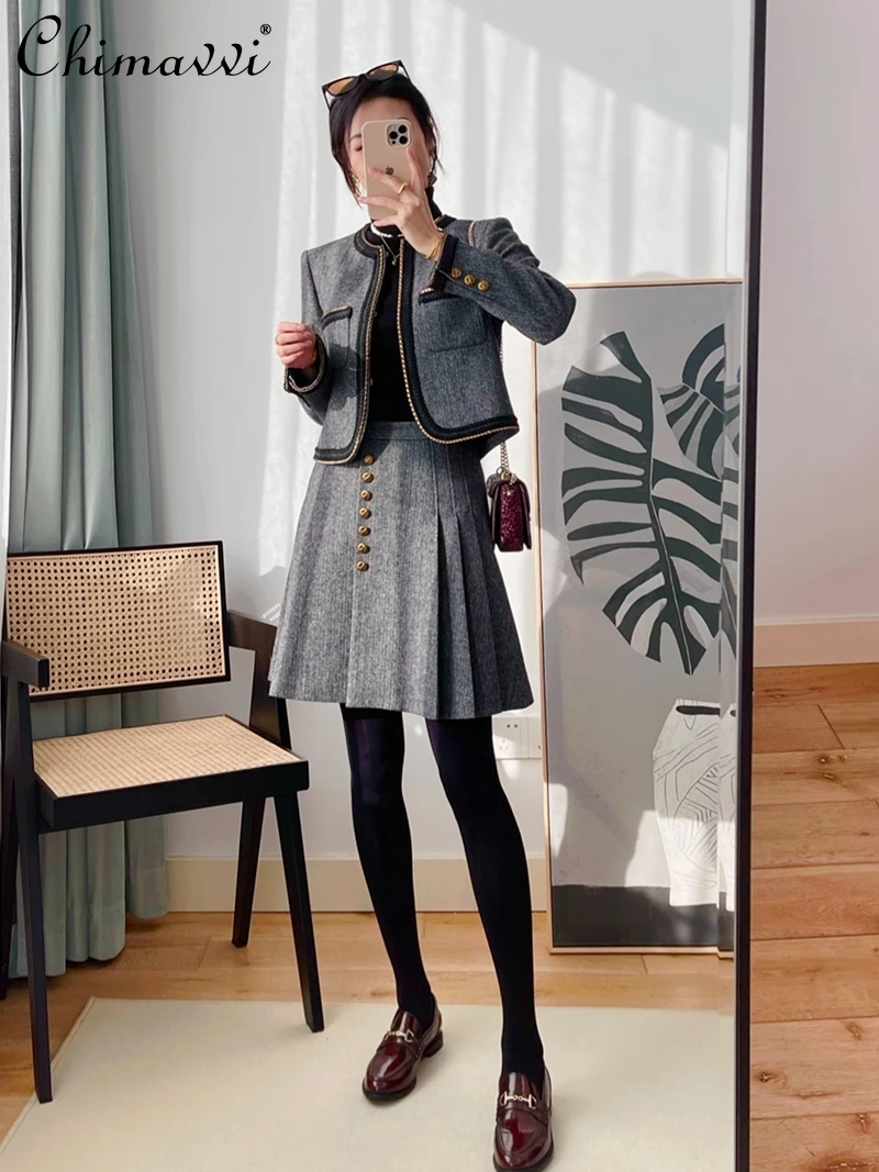 

Customized Wool Suit for Women 2023 Autumn New Fashion Elegant Long Sleeves Short Coat Pleated Skirt Office Lady Two-Piece Sets