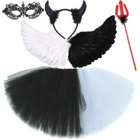 Black White Demon Angel Tutu Skirt for Girls Halloween Dress Up Costumes Kids Death Angel Outfit with Feather Wings Horns Fork