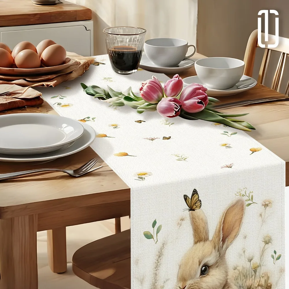 1pc Easter Bunny and Floral Egg Table Runner for Spring Holiday Home Decor, Easter Celebration Tablecloth Gift Idea 2
