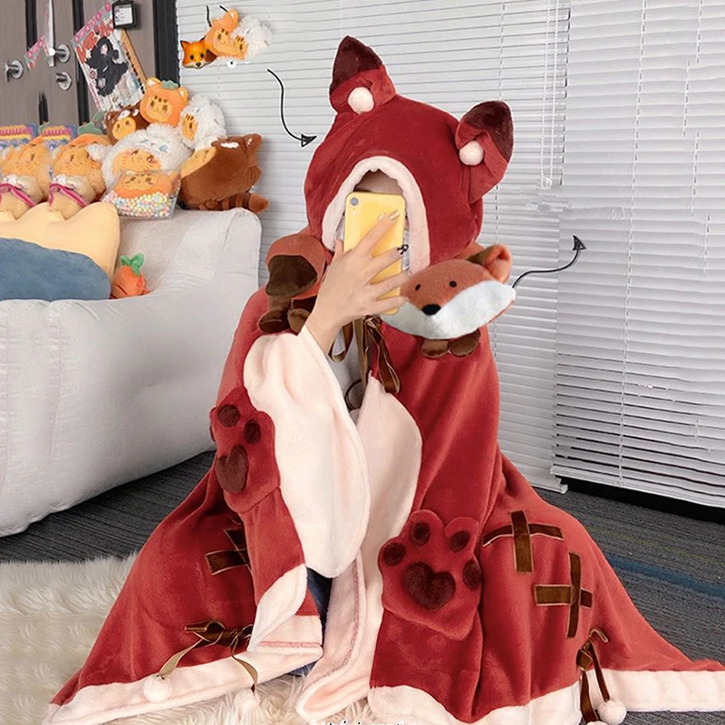 

Cartoon Red Fox Blanket Role-Playing Costume Autumn Winter Flannel Shawl Hooded Shawl Coral Fleece Nap Blanket Halloween Clothes