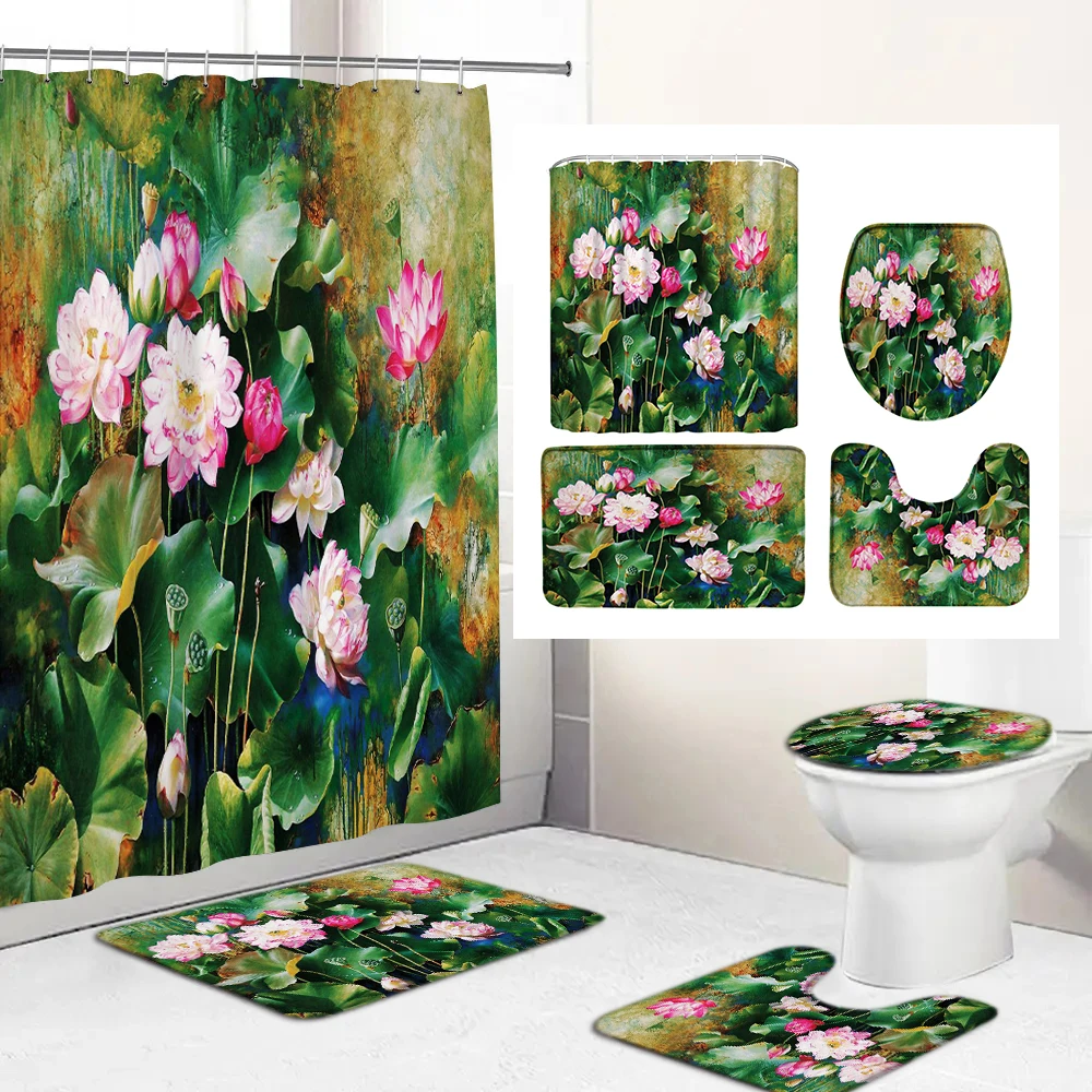 

Lotus Flowers Bath Shower Curtain Polyester Waterproof Bathroom Curtain Carpet Rugs Set Non-slip Bath Mat Bathroom Products