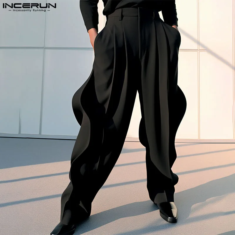 

INCERUN 2024, брюки в американском стиле, модные новые мужские брюки неправильной формы, повседневные бриллианты, однотонные широкие брюки