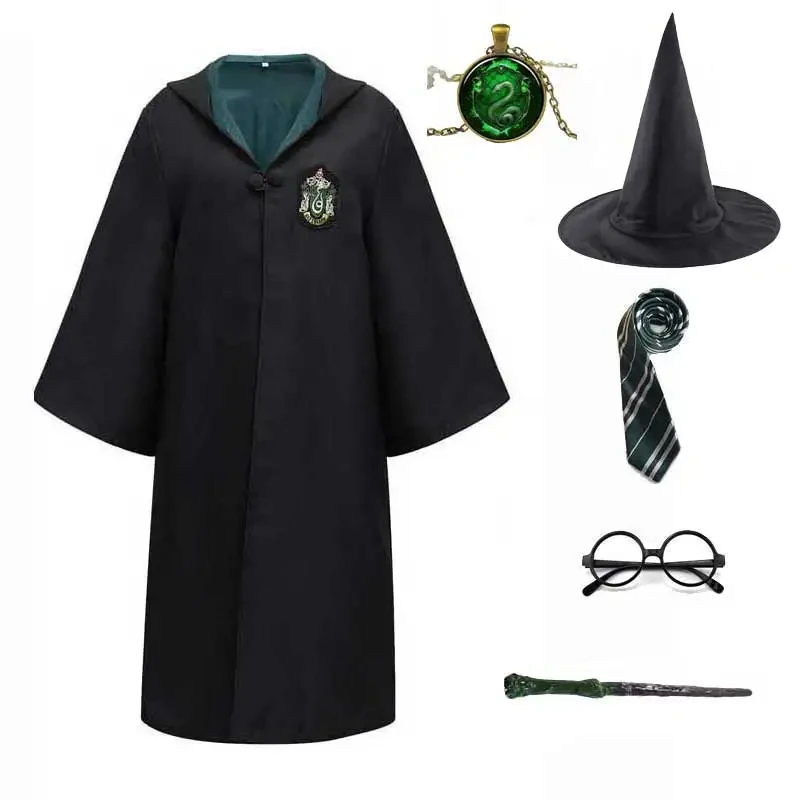 thumbnail image 1 of Disfraz unisex de Slytherin, bata de escuela mágica, capa, suéter, vestido, corbata, gafas, conjunto de brujería, disfraz de Halloween, 1 of 5