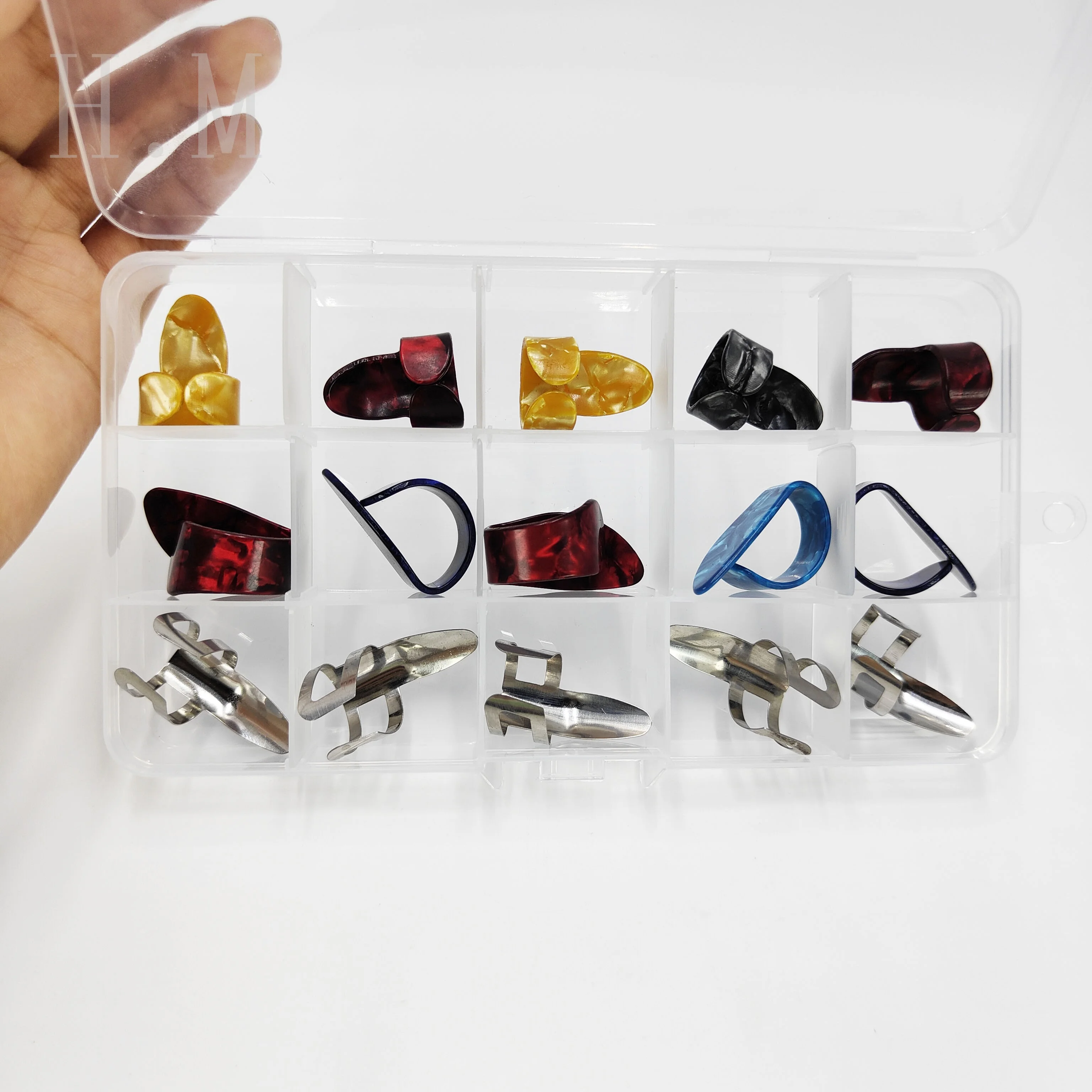 15PCS/set Celluloid Guitar Finger Picks Thumb Sizes Fingerstyle Protector Anti-Slip Design Bass /Electric Guitar slider box set