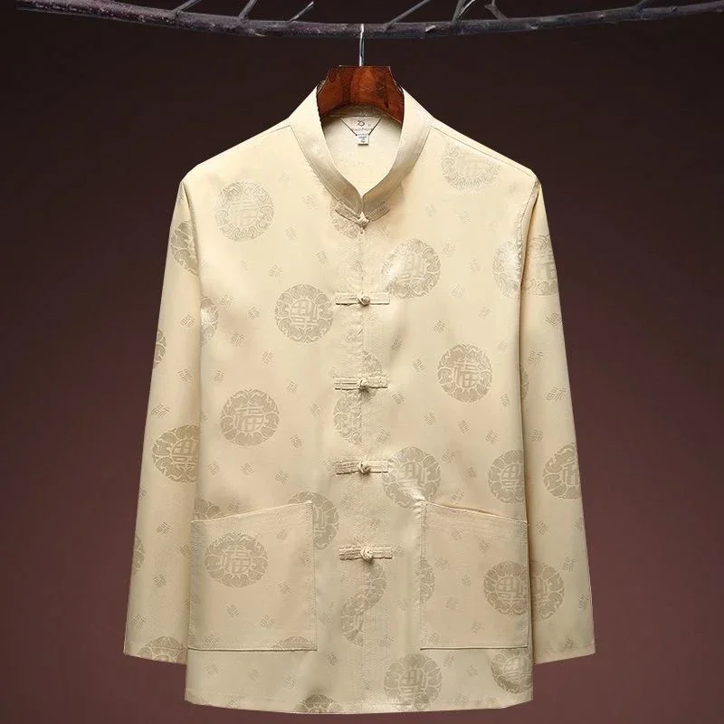 Chinese Dragon Pattern Retro Tang Suit Kung Fu Tai Chi Clothes Men's Hanfu Fu Cheongsam with Pocket Shirt Bottoming Shirt