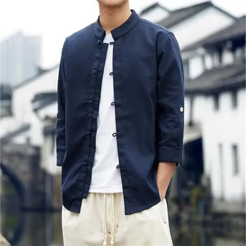 Chinese Men Harajuku Traditional Top Linen Hanfu Shirt Tang Suit 2022 Summer Mens Solid Color Casual Half Sleeve Kung Fu Shirts