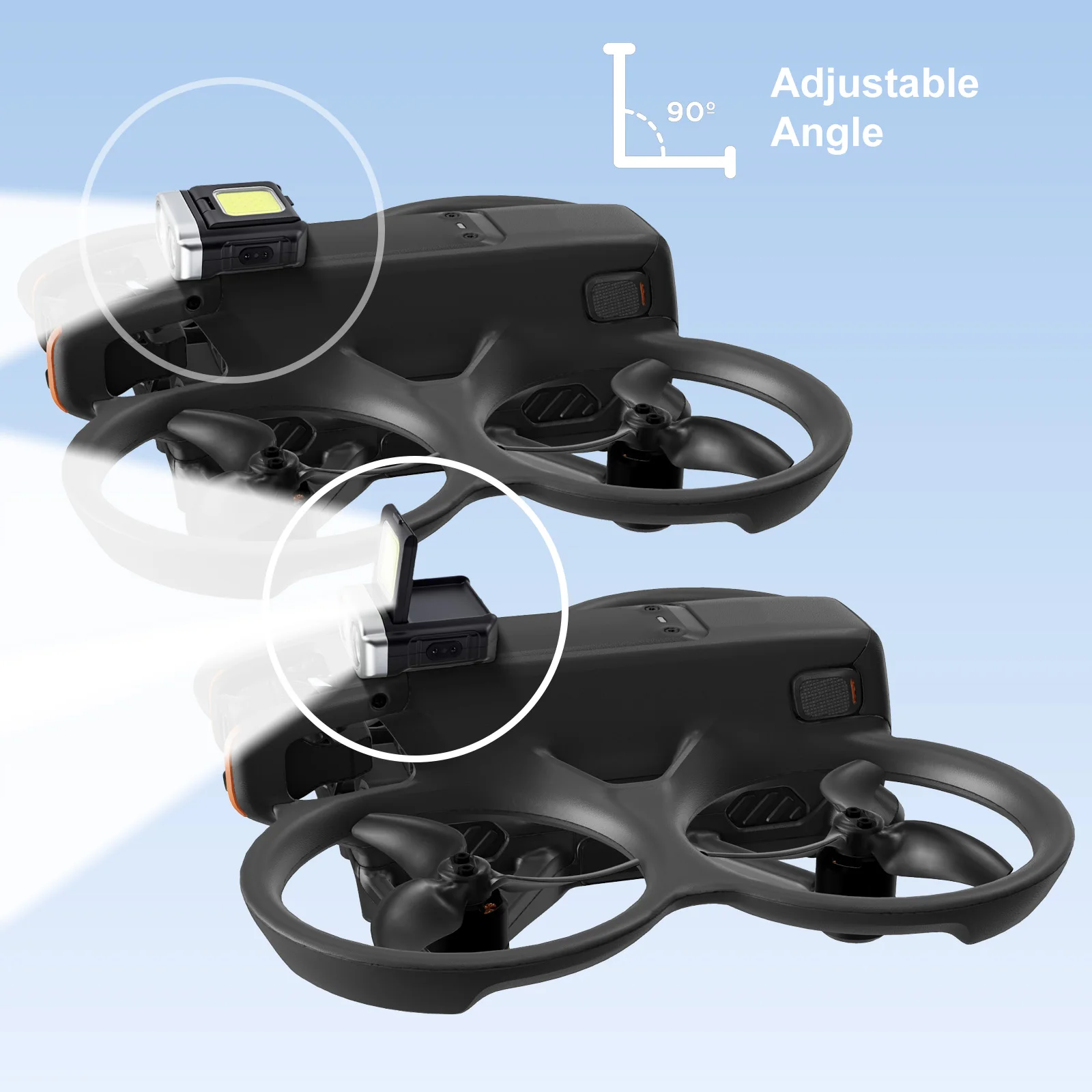 Projecteur LED pour drone DJI Avata 2 en action, projetant un faisceau lumineux puissant dans la nuit.