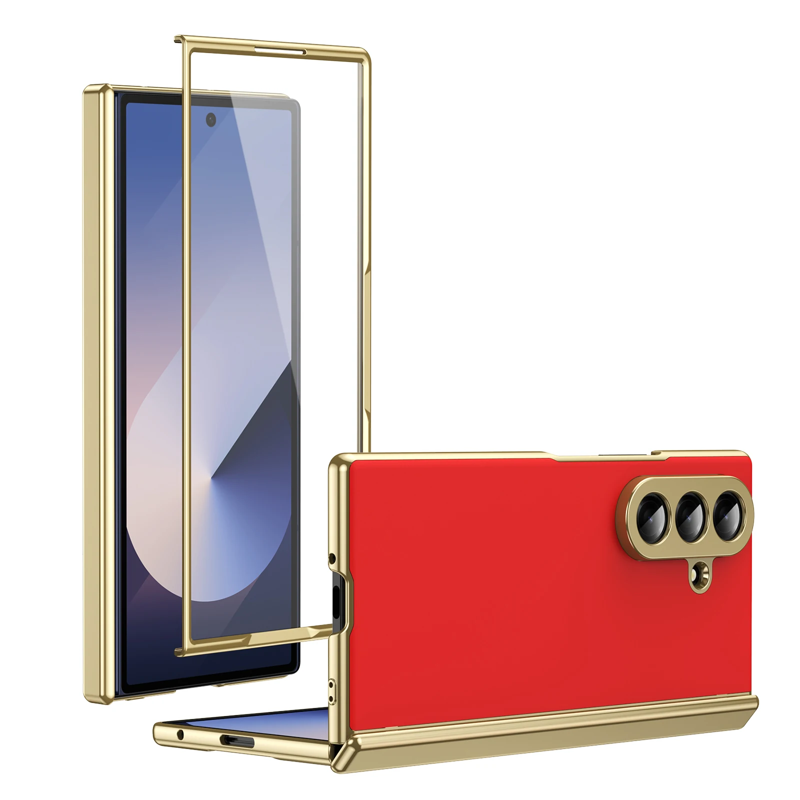 Electroplated Leather Phone Case with Hinge Protection and Glass Screen Cover
