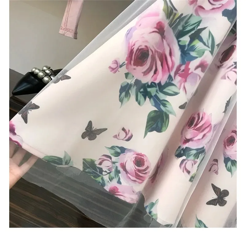 Cute Fresh Chiffon Skirt Short Sleeve Bowknot Tops Floral Mid-length High Waist Slim 2-Piece Suit Shirt Elegant 16673