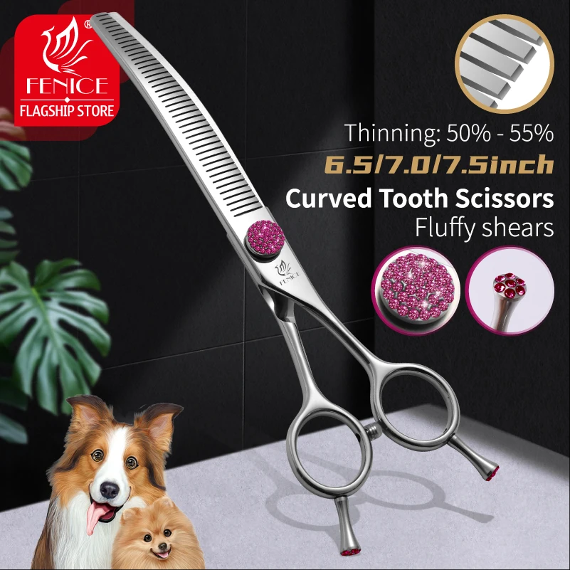 Fenice 6.5/7/7.5 inch curved thinning scissors pet dog grooming shears Bichon dog scissors fluffy traceless thinning rate 50-55%