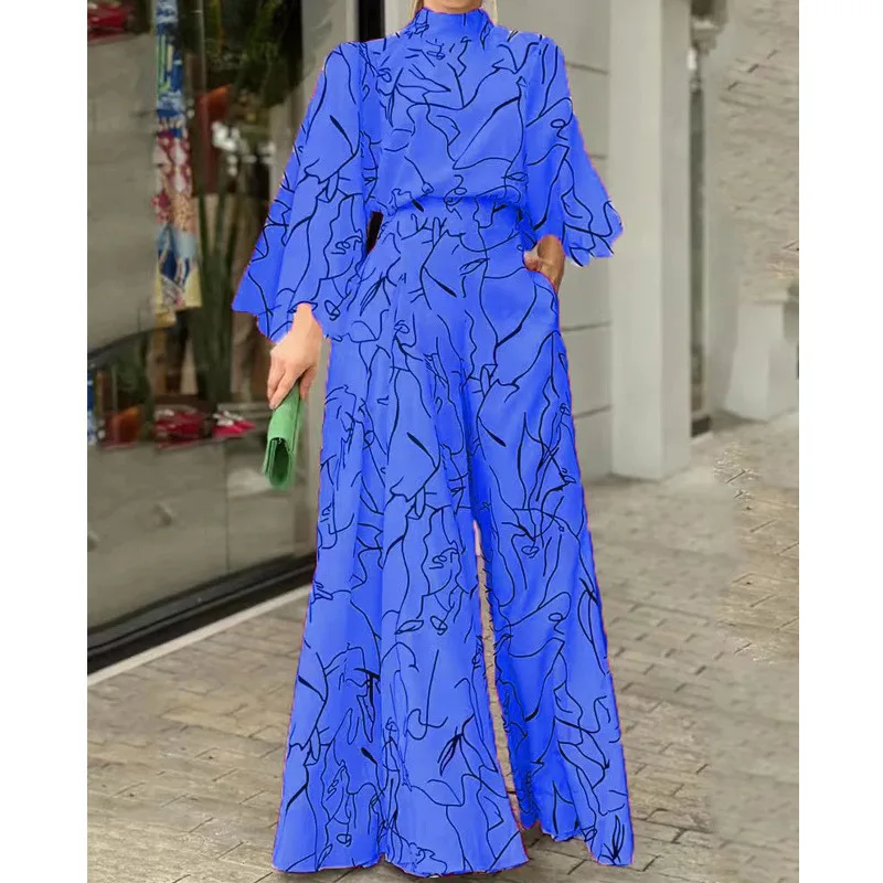 Abstract Graphic Print Elegant Fashion Nipped Waist Jumpsuits Women Spring Summer Casual Streetwear Loose Wide Legs Pants Romper