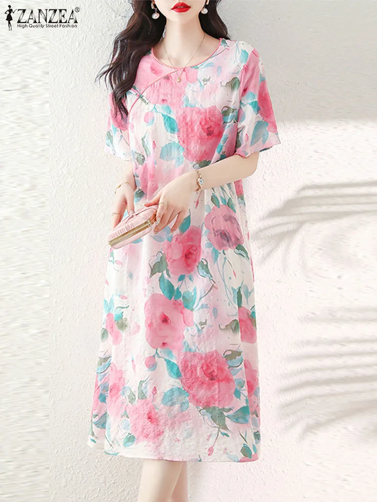 

ZANZEA Flower Print Round Neck Robe 2023 Summer Chinese Style Vestidos Holiday Women Cheongsam Dress Elegant Vintage Midi Dress