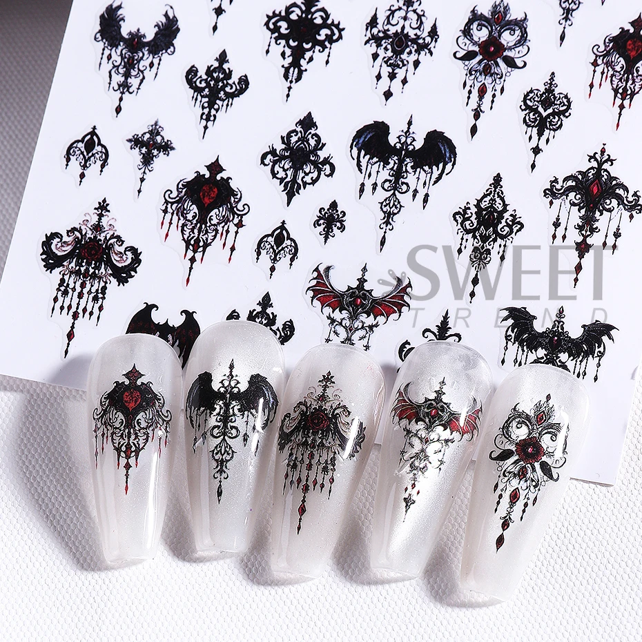 5pcs Gothic Black Nail Stickers Elegant Wedding Laced Designs Halloween Castle Skull Wings Adhesive Foils Sliders Manicure Decor