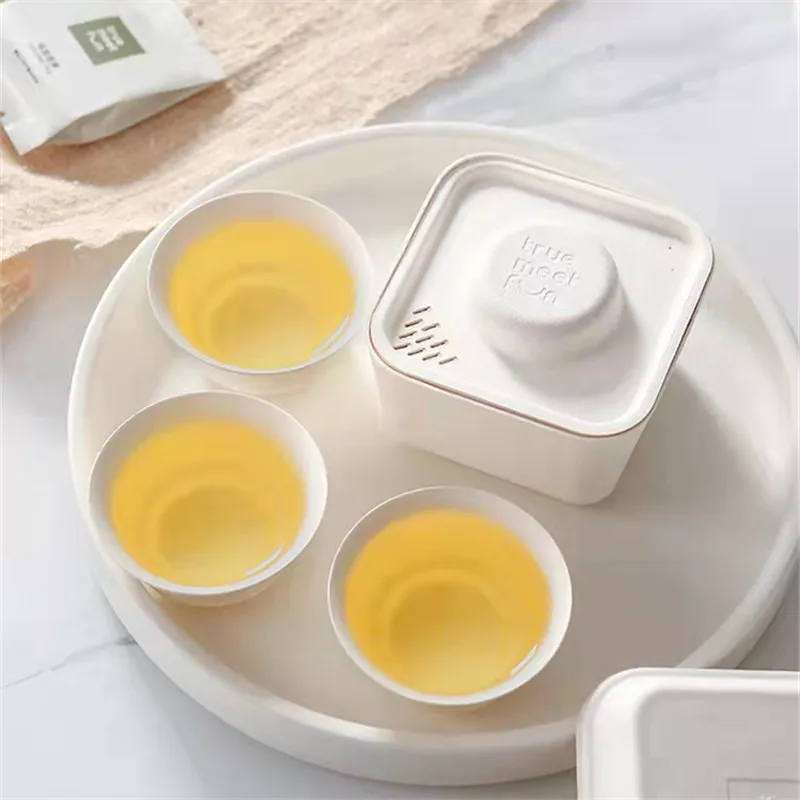 Disposable Tea Set with 3 Cups 1 Filter Plant Fiber Pulp Material Thick Durable for Car Office Travel Outdoor Activities