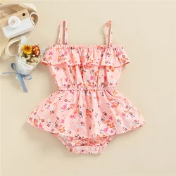 0-24 Months Summer Baby Girl Rompers Square Neck Elastic Waist Ruffle Pleated Skirt Crotch Snaps Bodysuits Toddler Kids Clothes