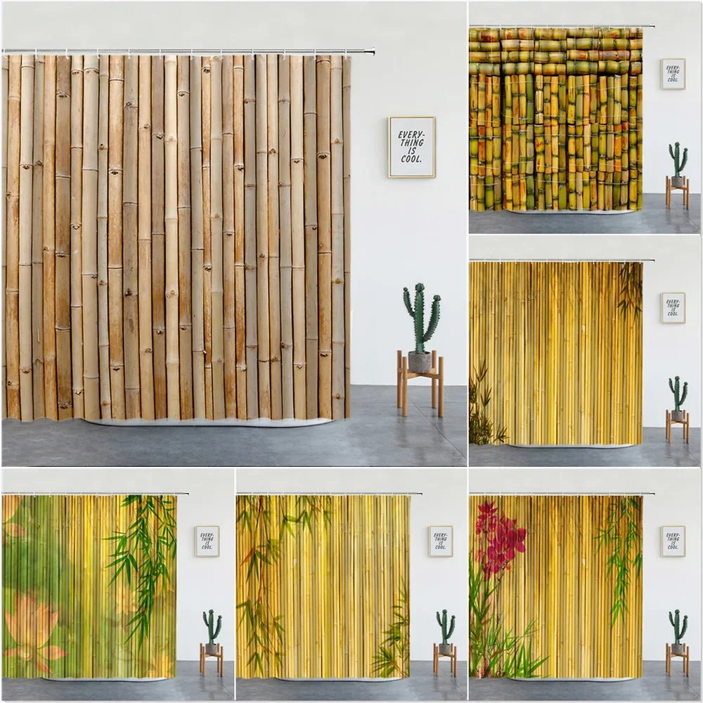 중국 스타일 녹색 대나무 샤워 커튼 꽃 녹색 잎 욕실 장식 세트, 방수 원단 목욕 스크린 후크 포함