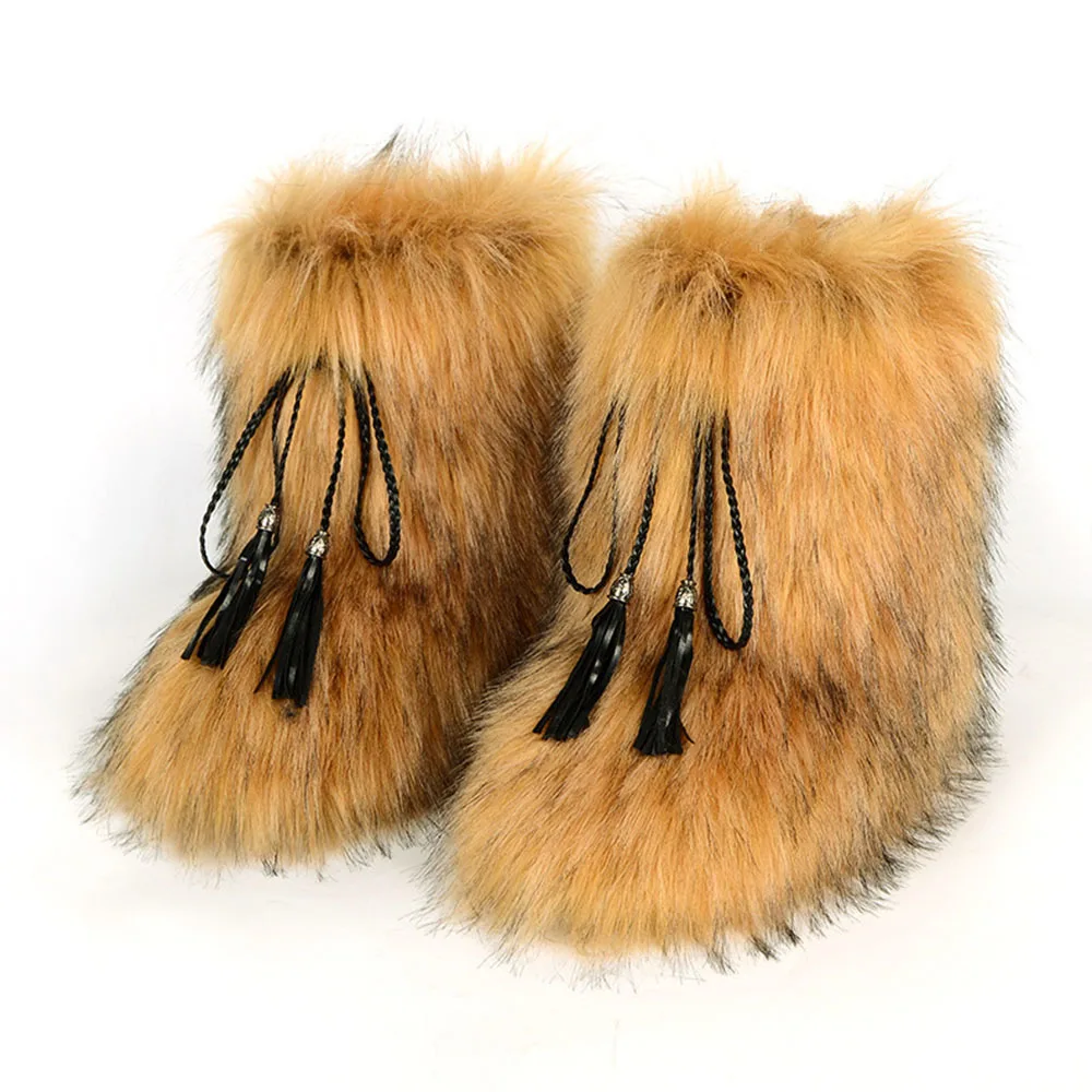 

Women Fuzzy Boots Winter Furry Shoes Fluffy Faux Raccoon Fur Snow Boots Female Outdoor Flat Footwear Fashion Tassel Ankle Boots