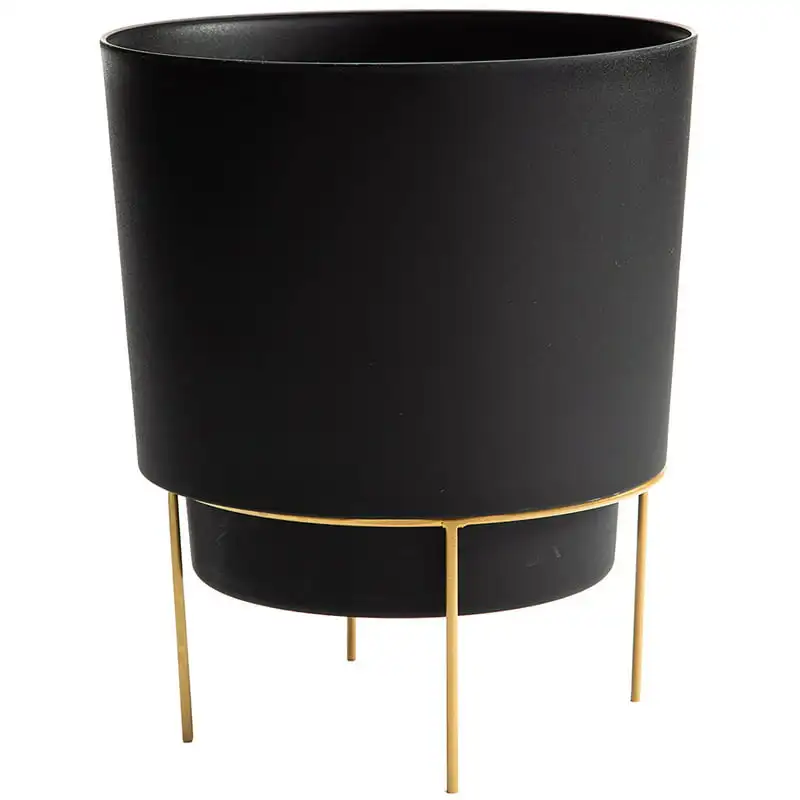 

Hopson Modern Round Resin Planter with Gold Metal Stand - Black Bonsai pots Garden supplies Garden pots & planters Planter pot f