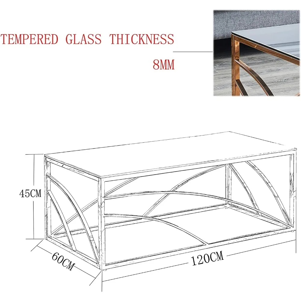 Stainless Steel Rectangular Accent Glass Coffee Table for Living Room- 46.8" Modern Sleek Center Table with Lounge Table with Bl 2