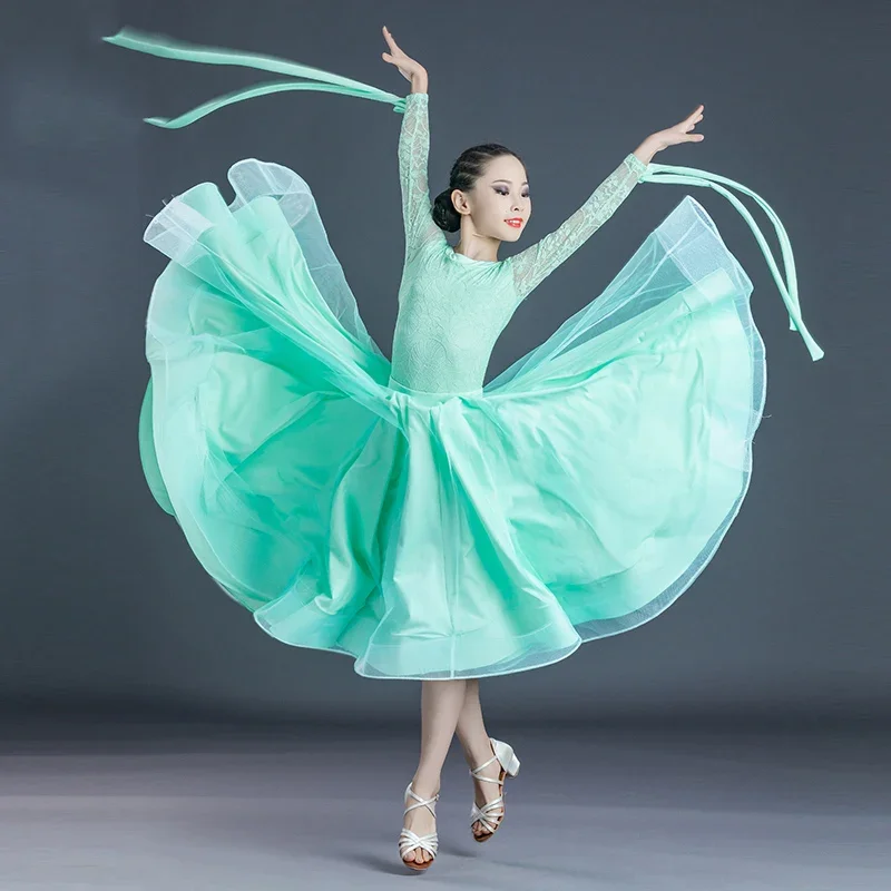 

Girls Spring Waltz Dancing Competition Costume Lace Long Sleeve Stitching Performance Wear New Arrival Ballroom Dresses