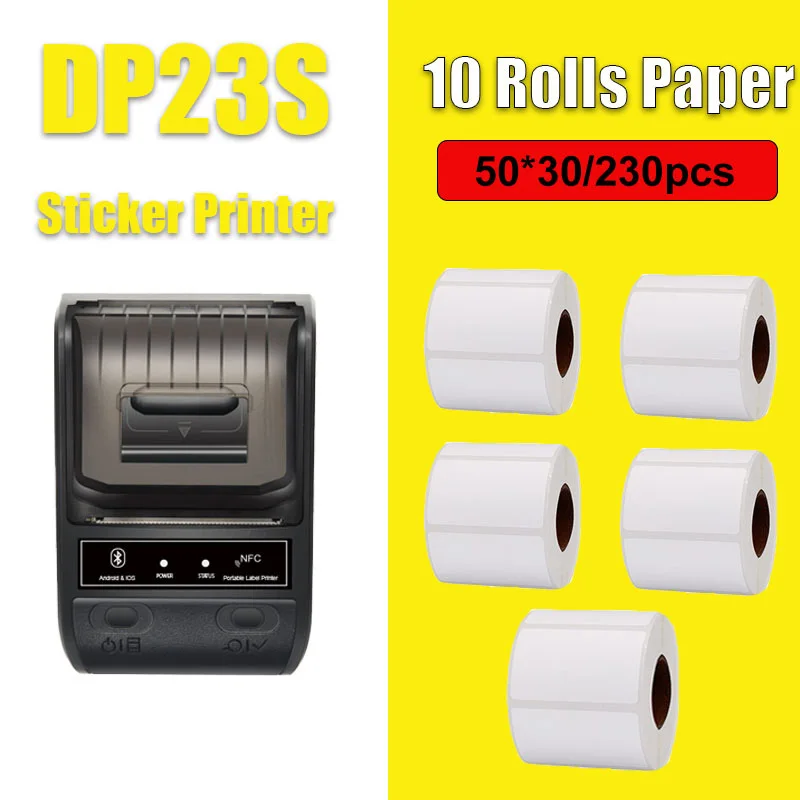 DETONGER DP23S 20-50mmThermal 라벨 프린터 플러스 10 롤 용지 다기능 미니 Adhensive 핸드 바코드 스티커 메이커