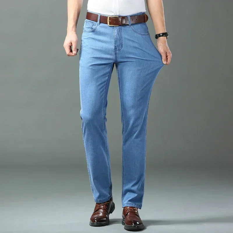 2024 Spring Summer Thin Denim Straight Cotton Stretch Jeans Men Business Casual Cloth High Waist Ice Silk Lightweight Trousers