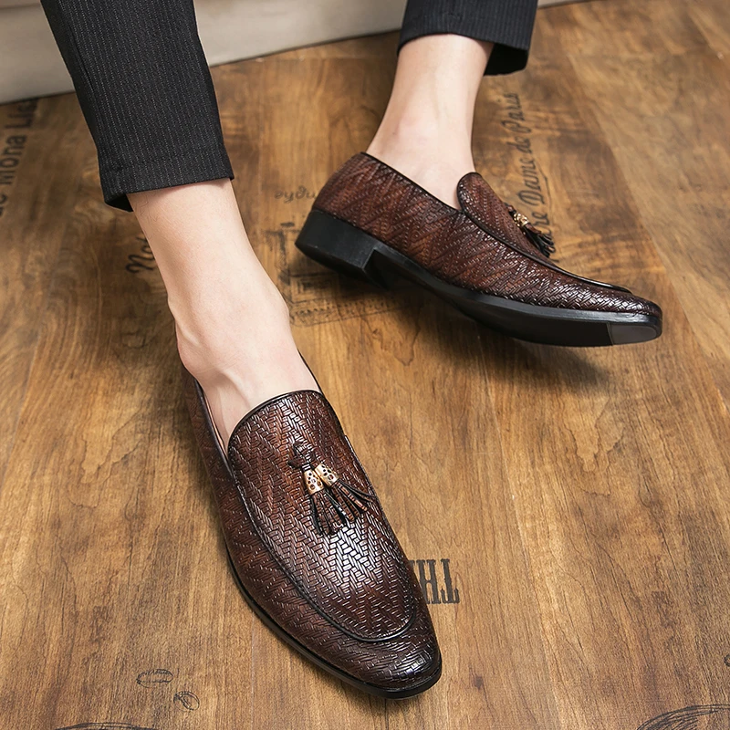 Tassel Plaid Men Loafers Weaving Comfortable Soft Leisure Leather Shoes Size 38-45