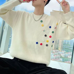2023 Autumn Winter KPOP Fashion Style Harajuku Slim Fit Tops Loose Casual All Match Knitwear Insert O Neck Long Sleeve Sweaters