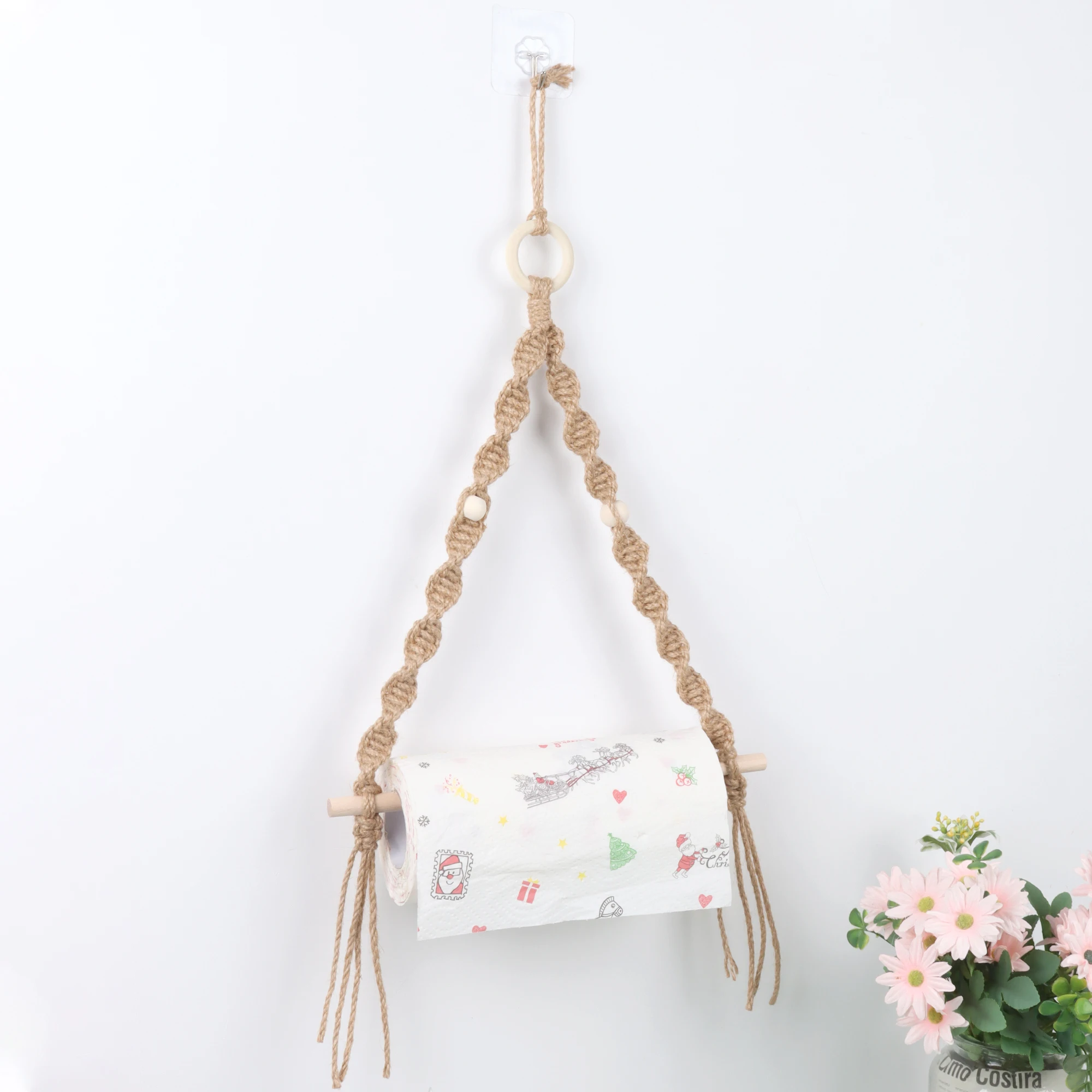Bohemian Hand-woven Hemp Wall-mounted Wooden Bead Roll Paper Rack Towel Rack Homestay Tissue Storage Wall Home Decoration