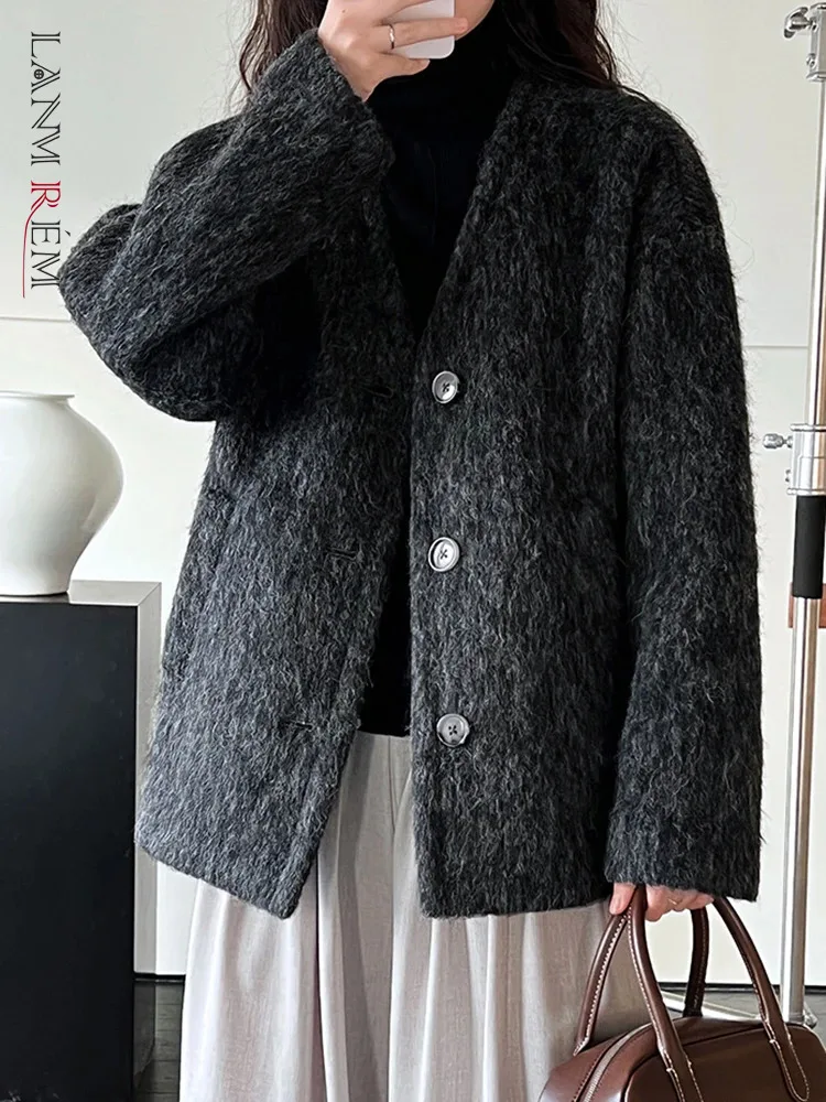 

LANMREM Winter Warm Wool Short Coat Women V Neck Single Breasted Solid Color Jackets Korean Style 2023 New Clothing 2AA4051