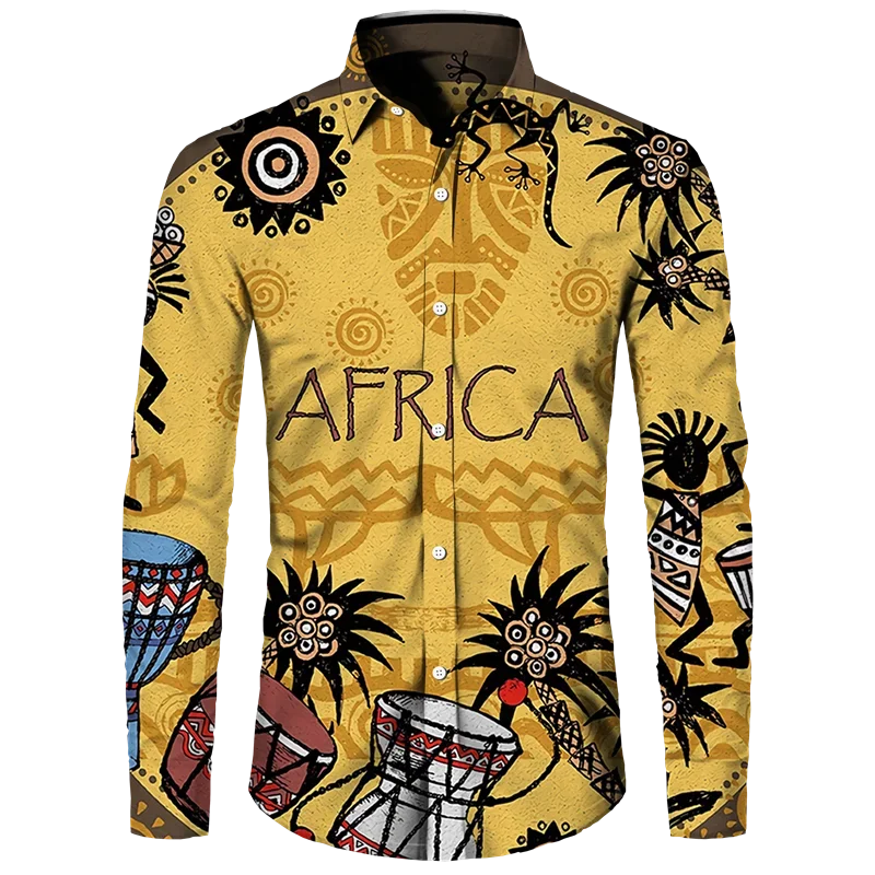 thumbnail image 1 of Camisa con botones para hombre nueva, camisas de manga larga con estampado africano Dashiki, ropa tradicional para parejas, ropa de calle de estilo étnico de hip hop, 1 of 5