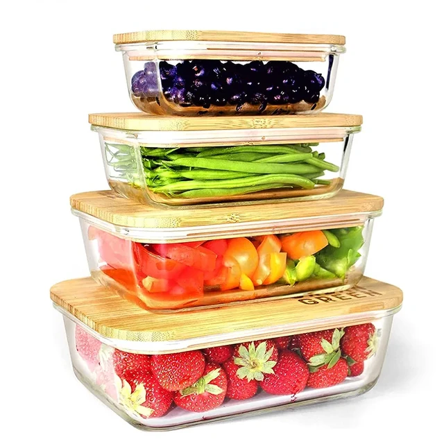 Glass Food Storage Containers with Bamboo Lids - 4 pc set