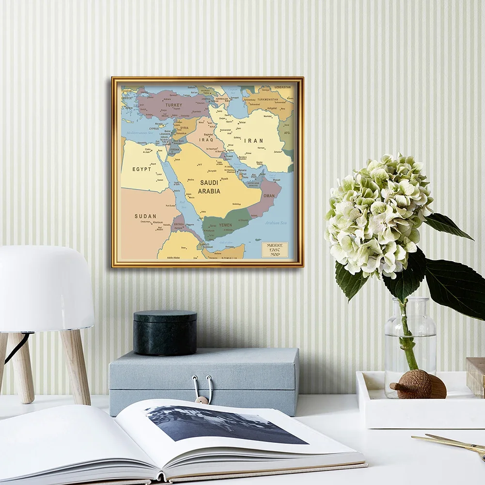 60*60cm Map Of Middle East Political distribution Map Wall Art Poster Canvas Painting Home Decoration Travel School Supplies