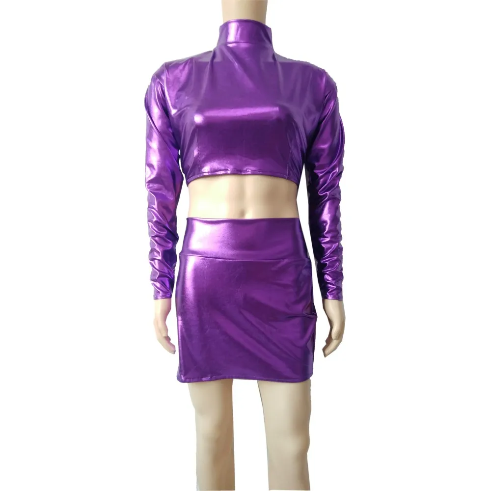 

Женский Блестящий укороченный топ с воротником-хомутом и длинным рукавом, металлик, короткая, для косплея, клубной вечеринки, 2 шт., юбки для костюма