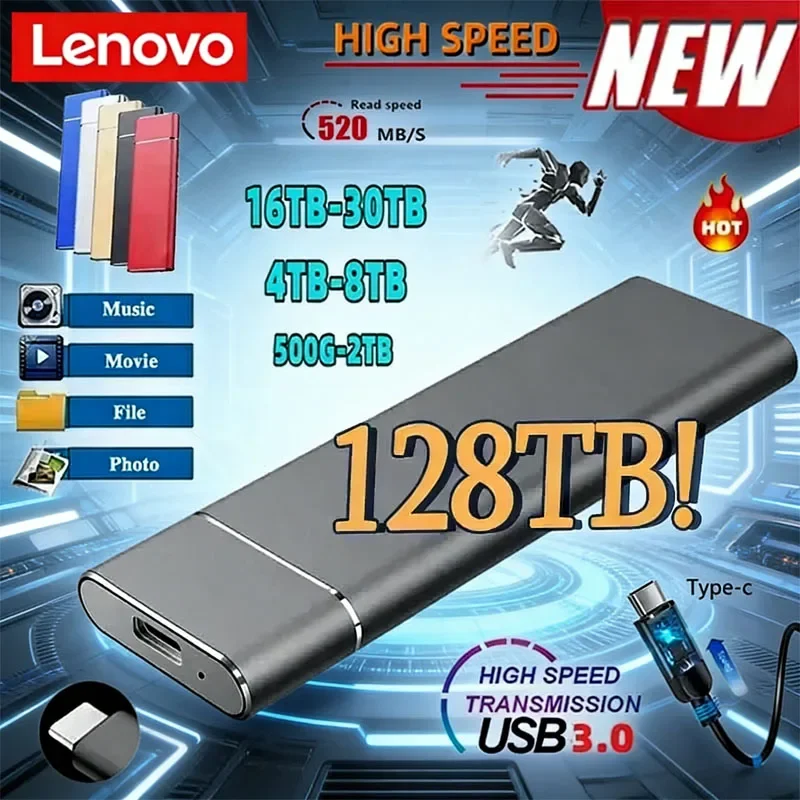 레노버 SSD 미니 휴대용 SSD 256TB 1TB 2TB 고속 오리지널 SSD 대용량 저장장치 USB3.0 컴퓨터 노트북용 외장 하드 드라이브