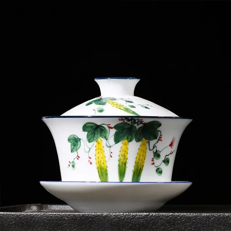 Chinese Hand Painted Ceramic Gaiwan Teacup handmade Tea tureen Teaware Accessories Household Drinkware Personal Single Cup 240ml