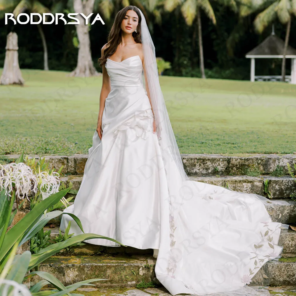 

RODDRSYA Strapless Satin Wedding Dress For Women свадебное платье Elegant V Neck A Line Pleats 3D Flowers Backless Bride Gown