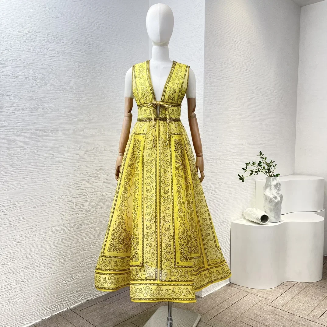 

2024 Fashion Clothing Collection Silk Linen Yellow Paisley Print Sleeveless Bow Tie Front Women Pink Midi Dress
