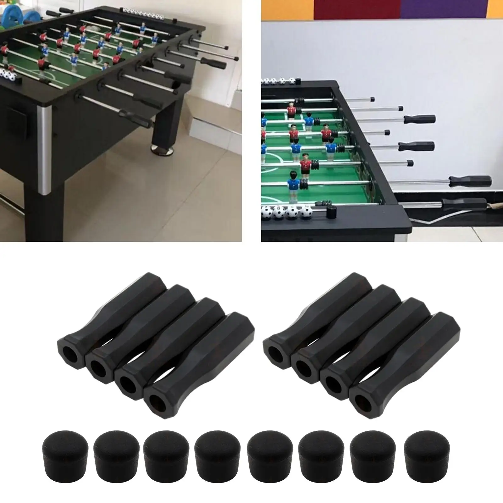16Pcs Black Octagonal Handles and Safety End Caps for Standard Foosball Tables Soccer Table Replacement Handles Black 116mm table football game tabletop soccer game