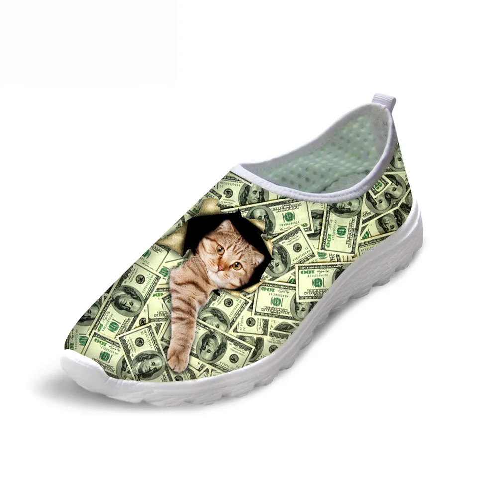 

Летние женские туфли с 3D-принтом в виде кота доллара, повседневная женская обувь на плоской подошве, женские мокасины без шнуровки, пляжная обувь