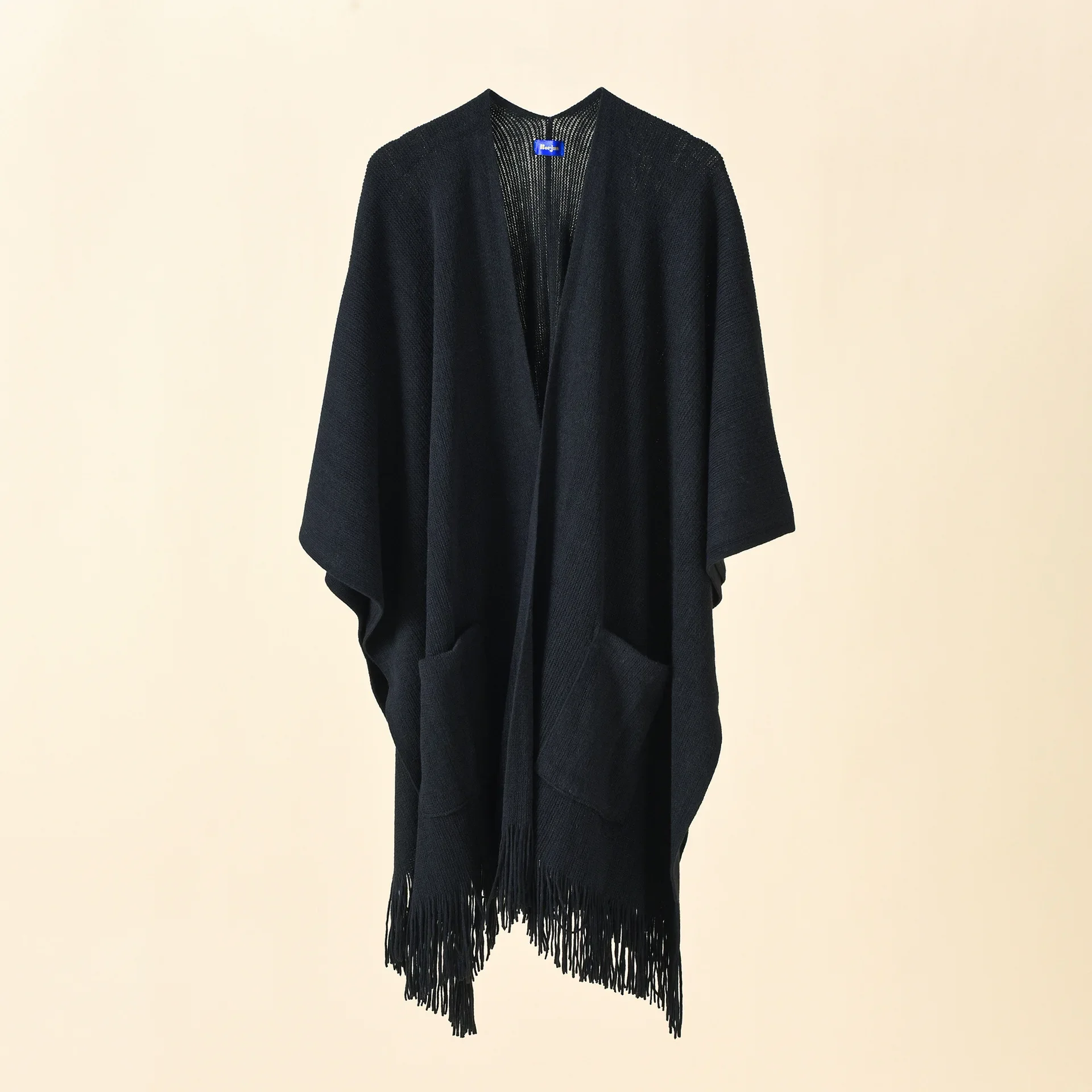 

2024 Spring Autumn New Knitted Solid Color Pocket Tassel Female Shawl Imitation Cashmere Women Cloak Lady Poncho Capes Black