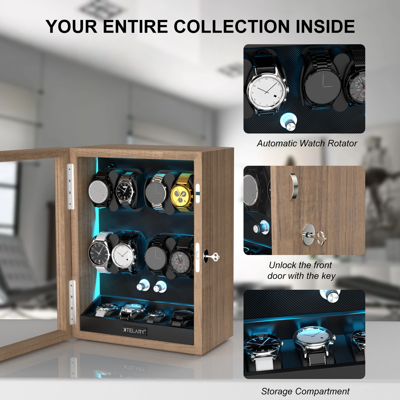 Luxury 8-Watch Automatic Winder with 4 Extra Storage, Aurora Blue LED, Quiet Japanese M... - SKU WSB23568 - UGI Packaging