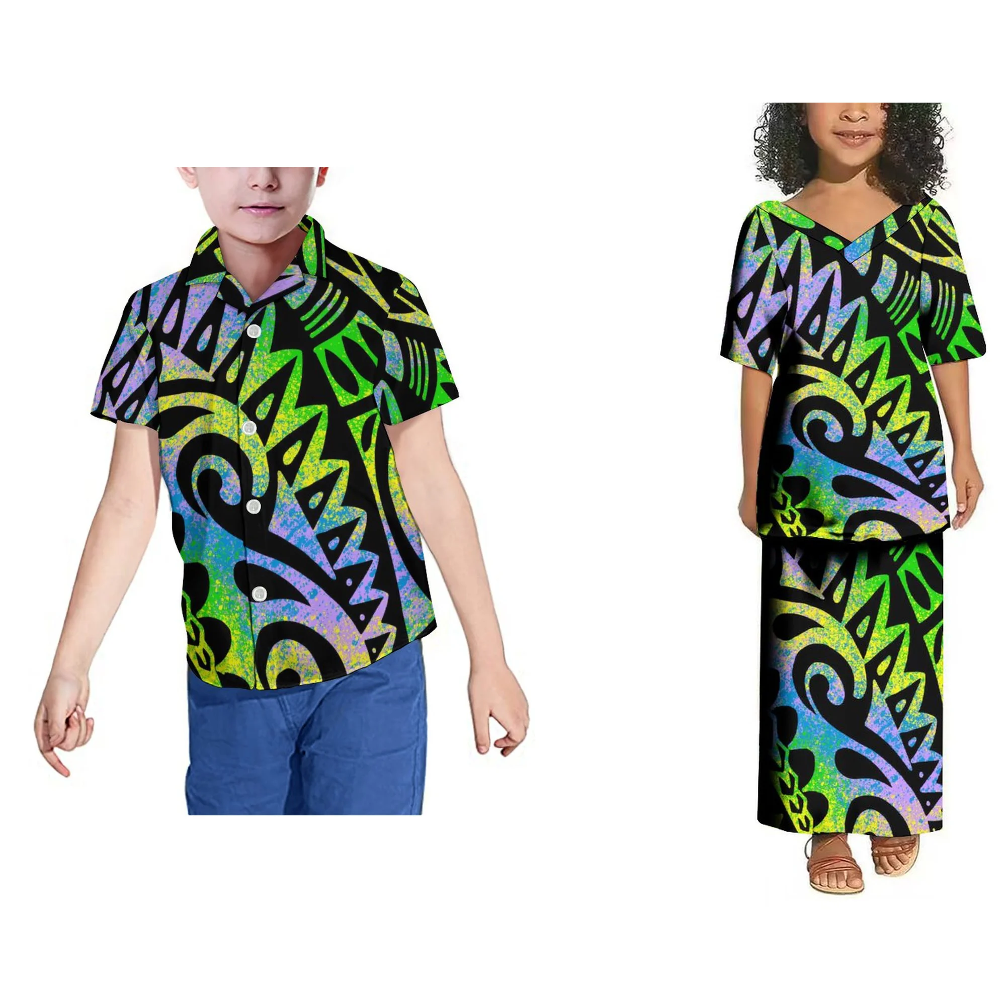Polynesian Design Tongan Kids Puletasi V Neck Top And Skirts 2 Pieces Sets Girls Dress