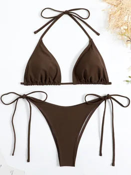 Sexy Brown Bikini 2026 Women Solid Red Halter Push Up Bra Tie Side Triangle Swimsuit Summer Bathing Suit Lace Up Micro Swimwear 1