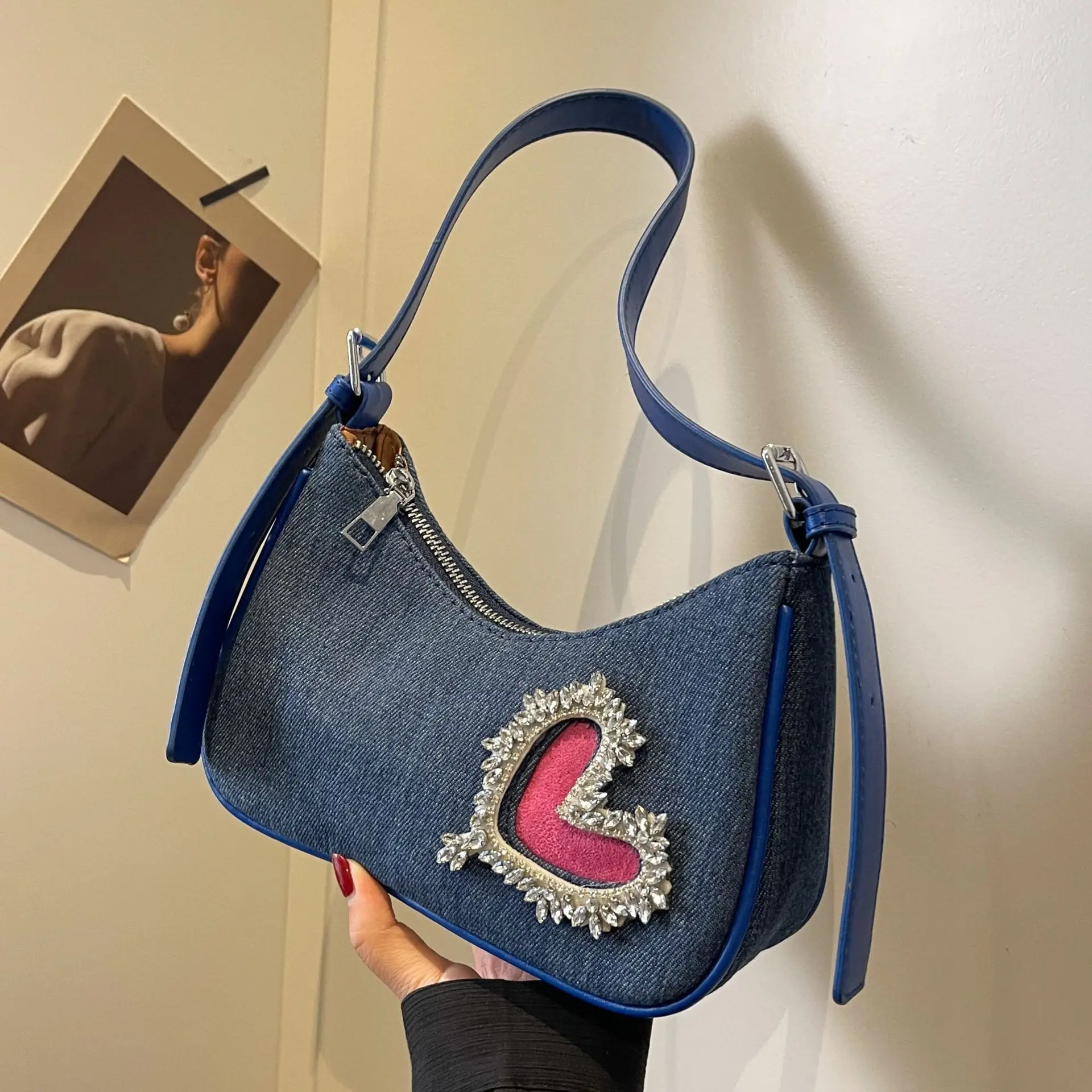 

Luxury Designer Denim Handbag Shiny Rhinestone Love Square ag Dinner Party Cluth Purse Women Shoulder Message Bag Free Shipping